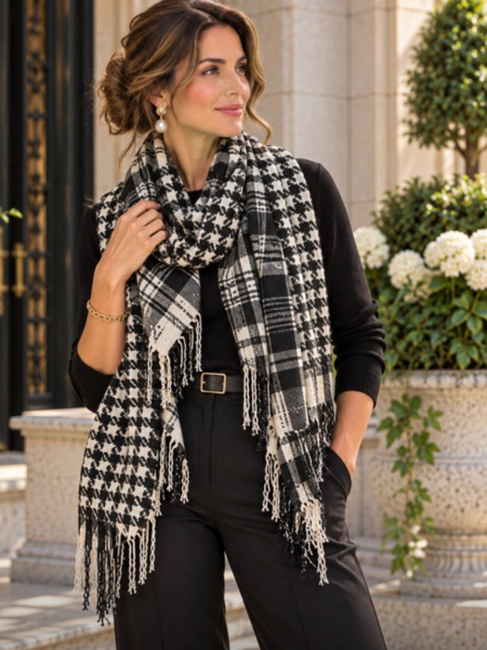 Black Ivory Houndstooth Plaid Scarf Wrap Fringe Classic Statement